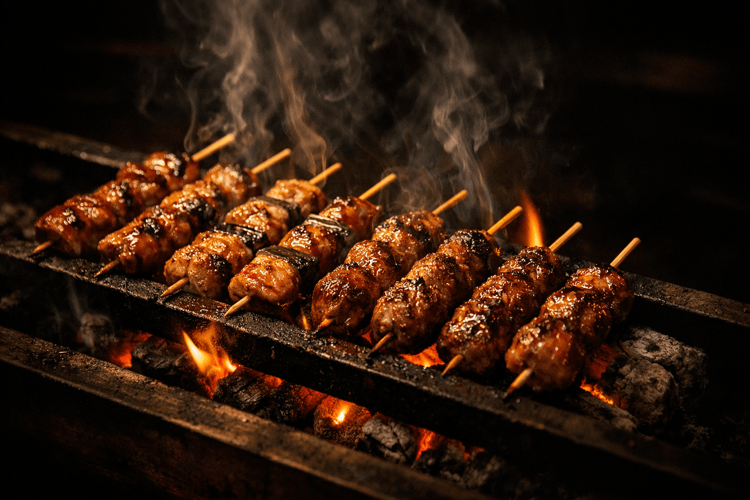 炭火で焼き上げる焼き鳥